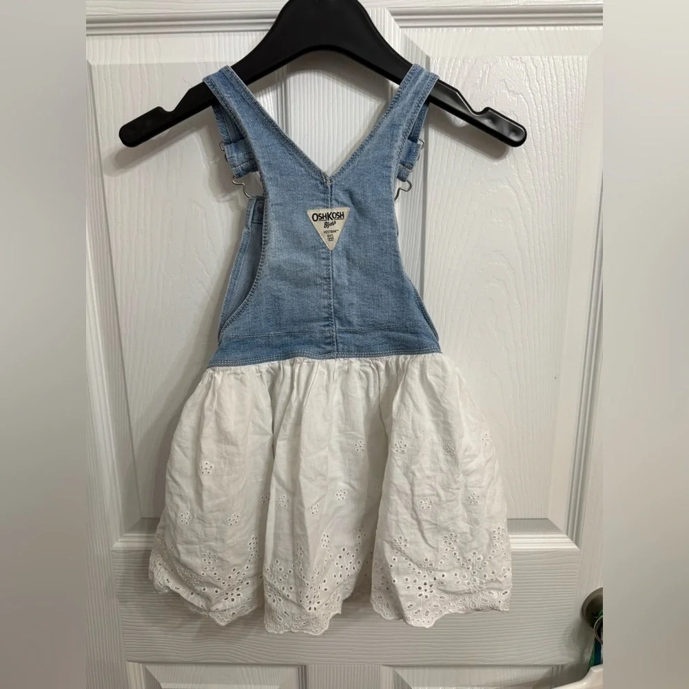 OshKosh 5T Denim Eyelet Overall Dress Cottagecore Prairie Blue White